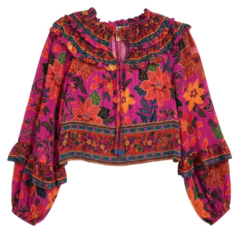 Farm Rio Bohemian Multicolor Ruffle Yoke Blouse Size XS